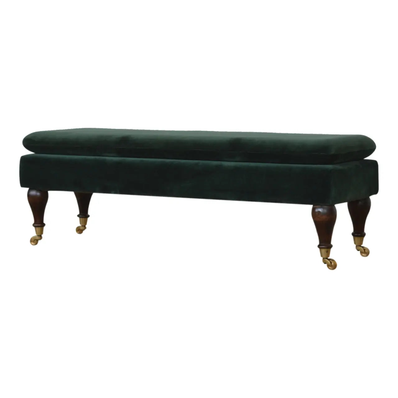 emerald green velvet bench with walnut castor legs