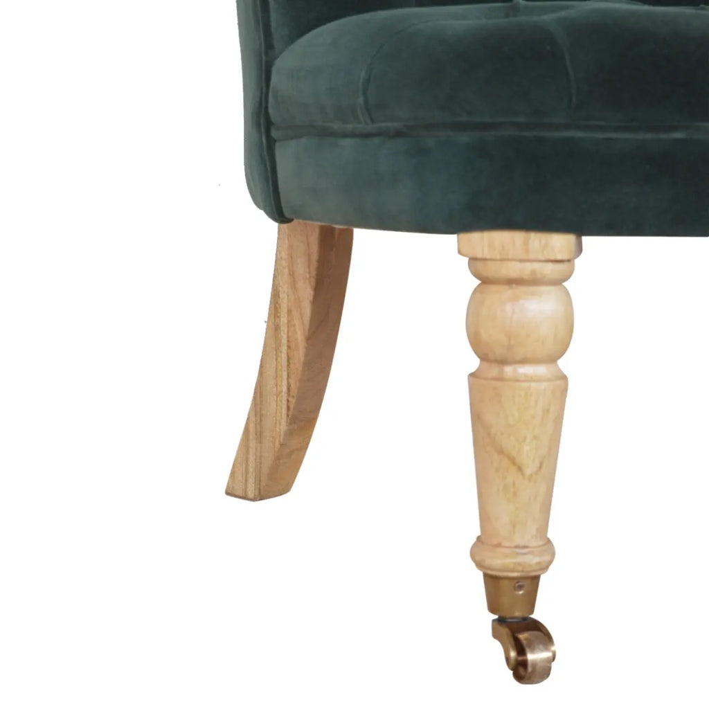 Emerald Velvet Accent Chair – Hand-Carved Solid Mango Wood - Avivra