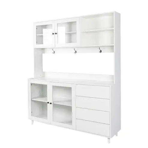 White storage unit with shelves and cabinets on a white background