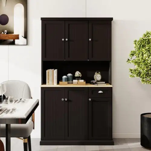 Black Kitchen Pantry Cabinet with Microwave Countertop