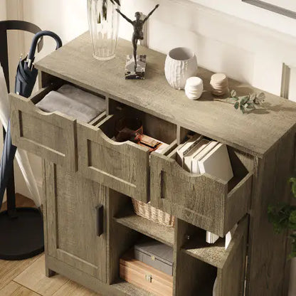 Wooden Storage Cabinet with Drawers & Shelves – Gray Accent Floor Cabinet