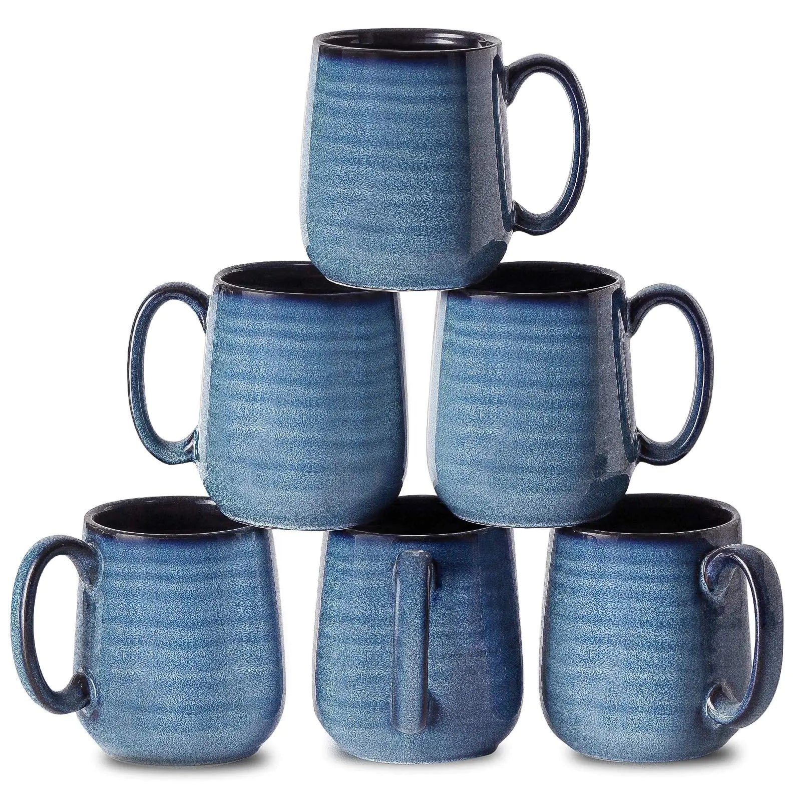 Stack of six blue ceramic mugs on a white background