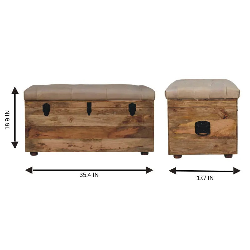 Beige Buffalo Hide Leather Storage Trunk | Oak-ish Finish - Avivra