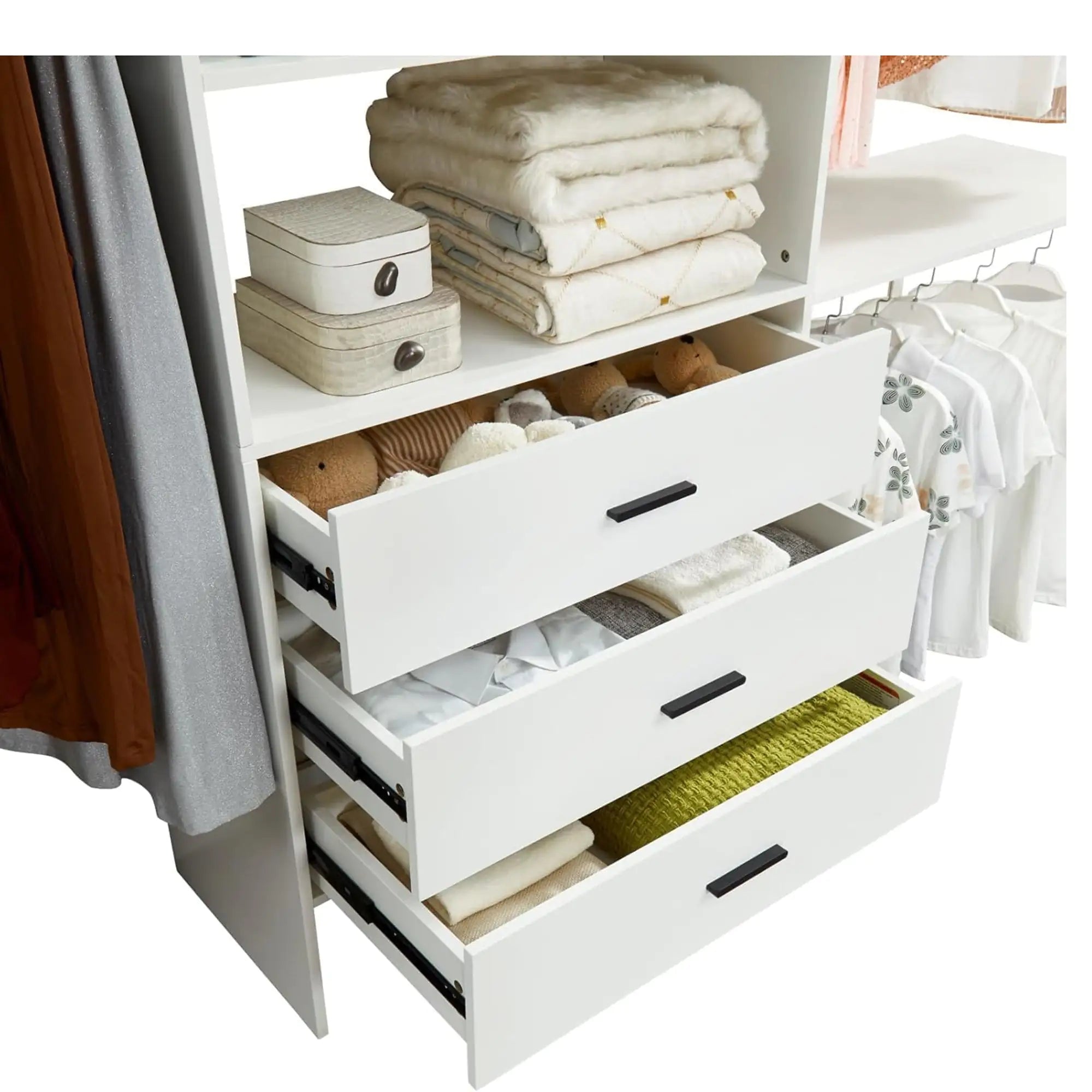 Bedroom wardrobe system with silent sliding drawers
