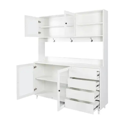 White storage cabinet with open doors and drawers on a white background