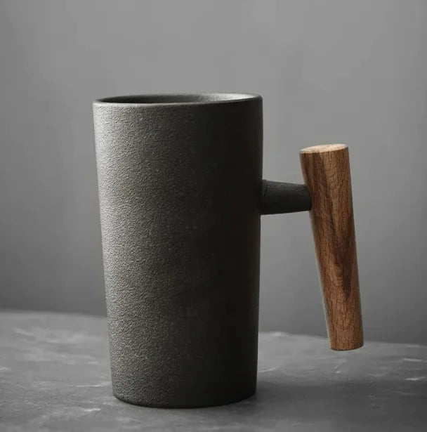 Vintage Minimalist Ceramic Mug with Wooden Handle
