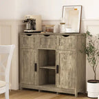 Wooden gray storage cabinet with drawers and shelves