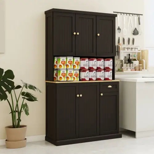 Black Kitchen Pantry Cabinet with Microwave Countertop