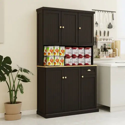Black Kitchen Pantry Cabinet with Microwave Countertop