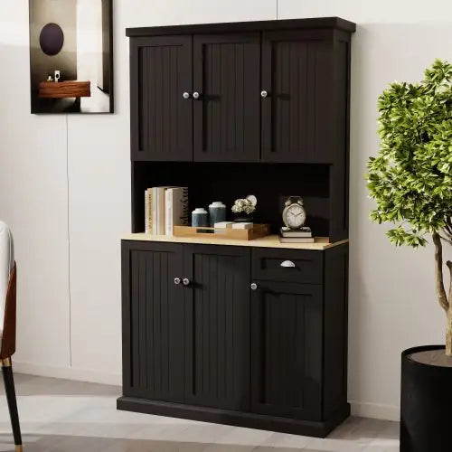 Black Kitchen Pantry Cabinet with Microwave Countertop