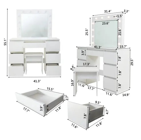White vanity set with dimensions labeled on a white background