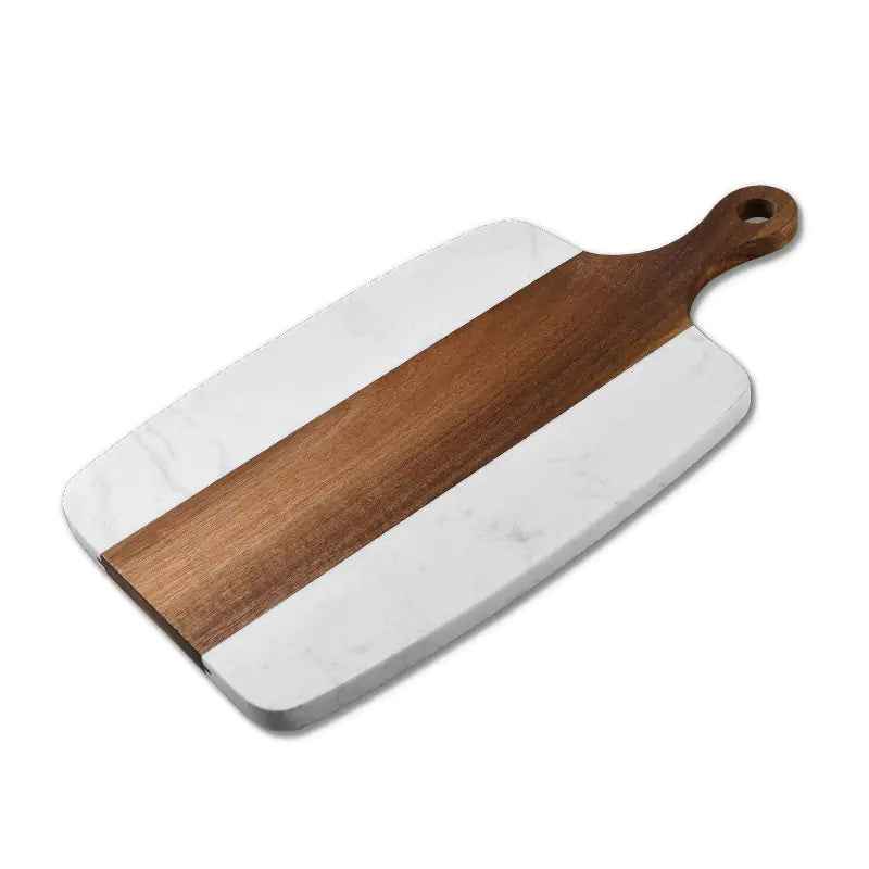 Marble cutting board with a wooden handle on a white background