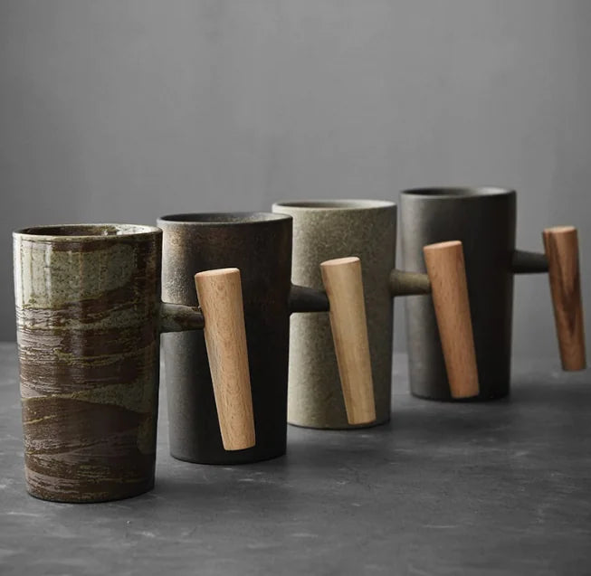 Vintage Minimalist Ceramic Mug with Wooden Handle