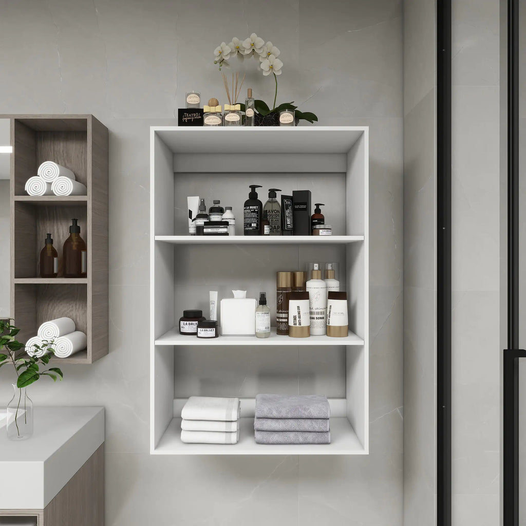 Wall-mounted open closet organizer with shelves and hanging space – minimalist design