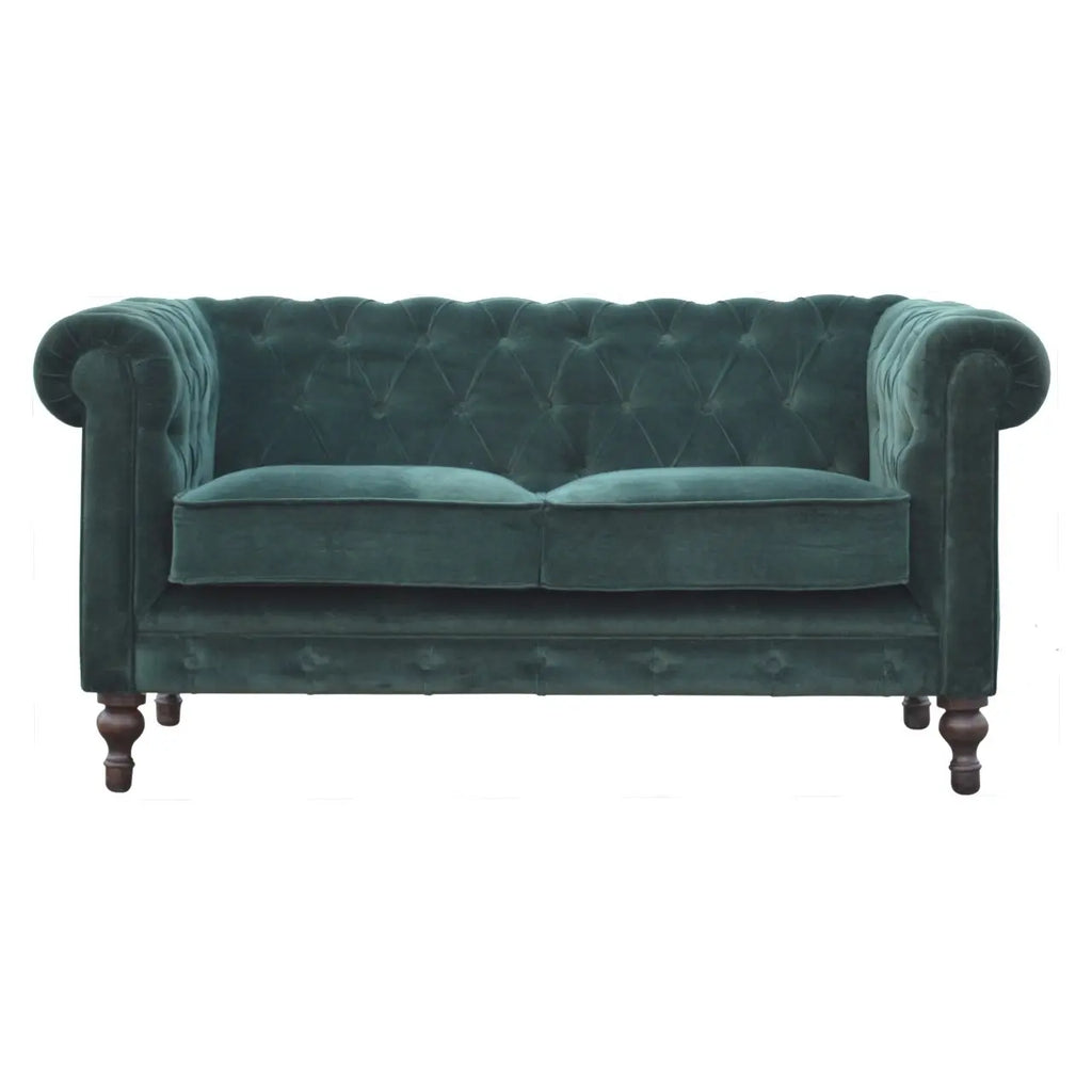 Emerald green velvet Chesterfield sofa crafted from solid mango wood with walnut legs