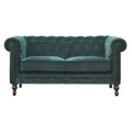 Emerald green velvet Chesterfield sofa crafted from solid mango wood with walnut legs