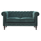 Emerald green velvet Chesterfield sofa crafted from solid mango wood with walnut legs