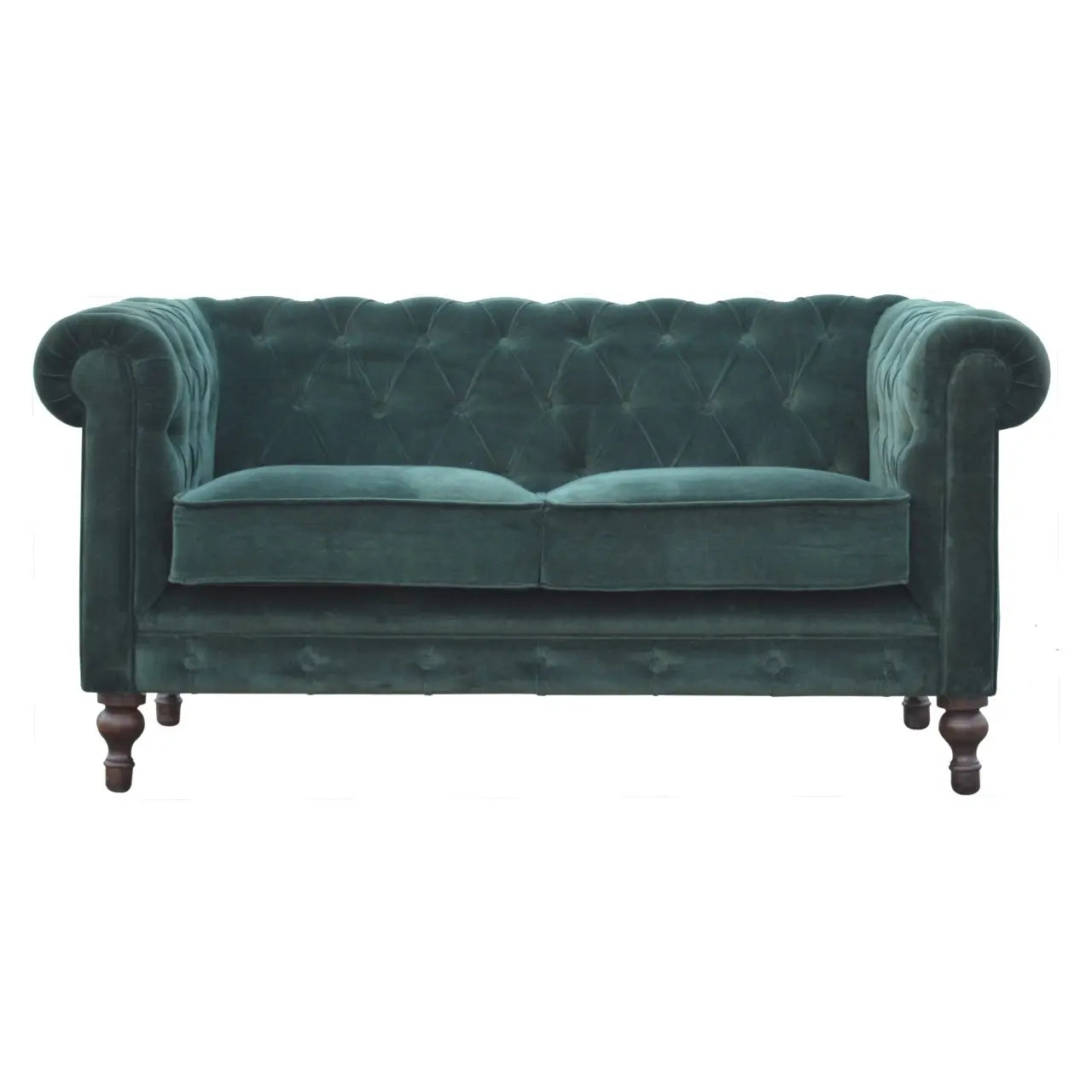 Emerald green velvet Chesterfield sofa crafted from solid mango wood with walnut legs