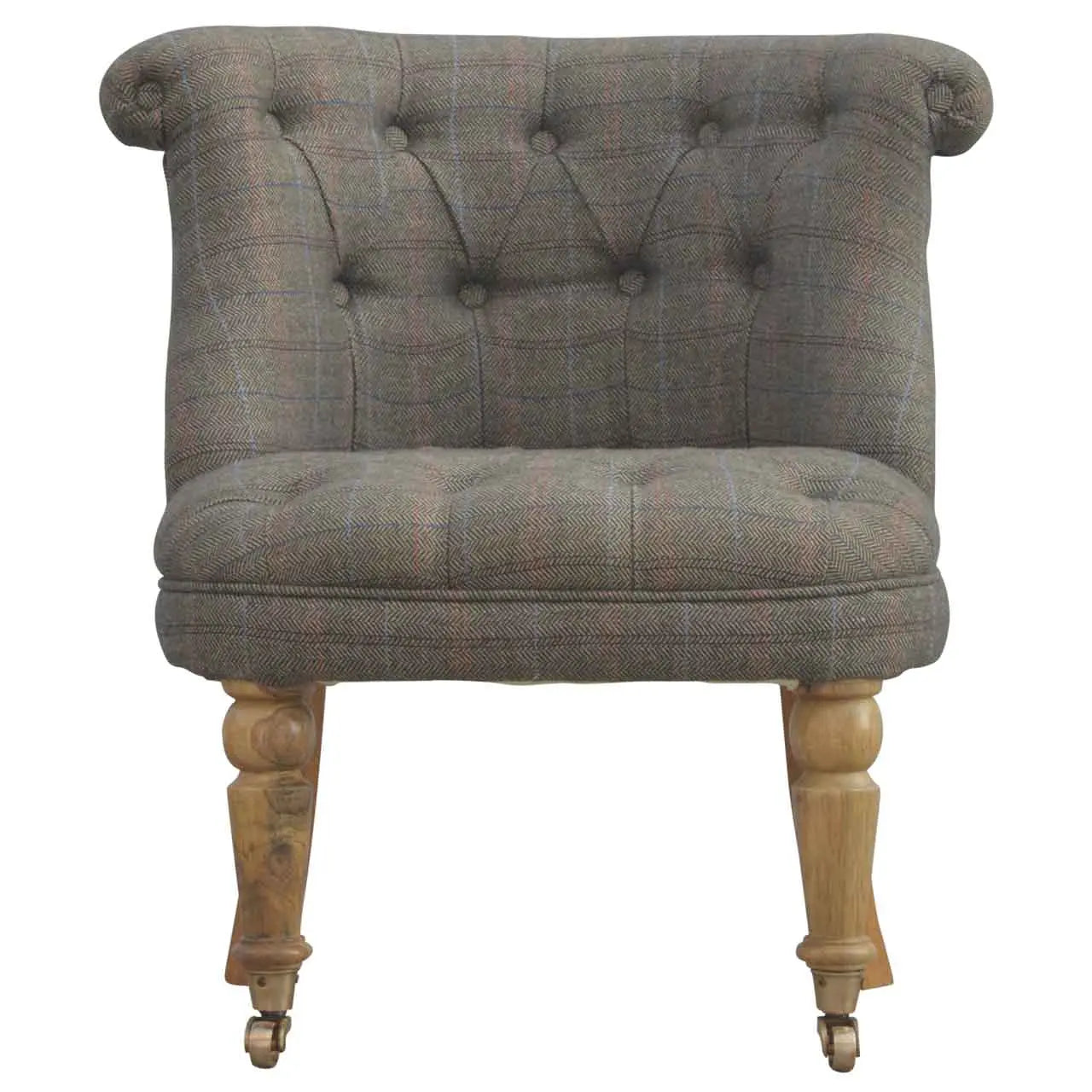 Multi tweed accent chair crafted from solid mango wood with oak finish legs