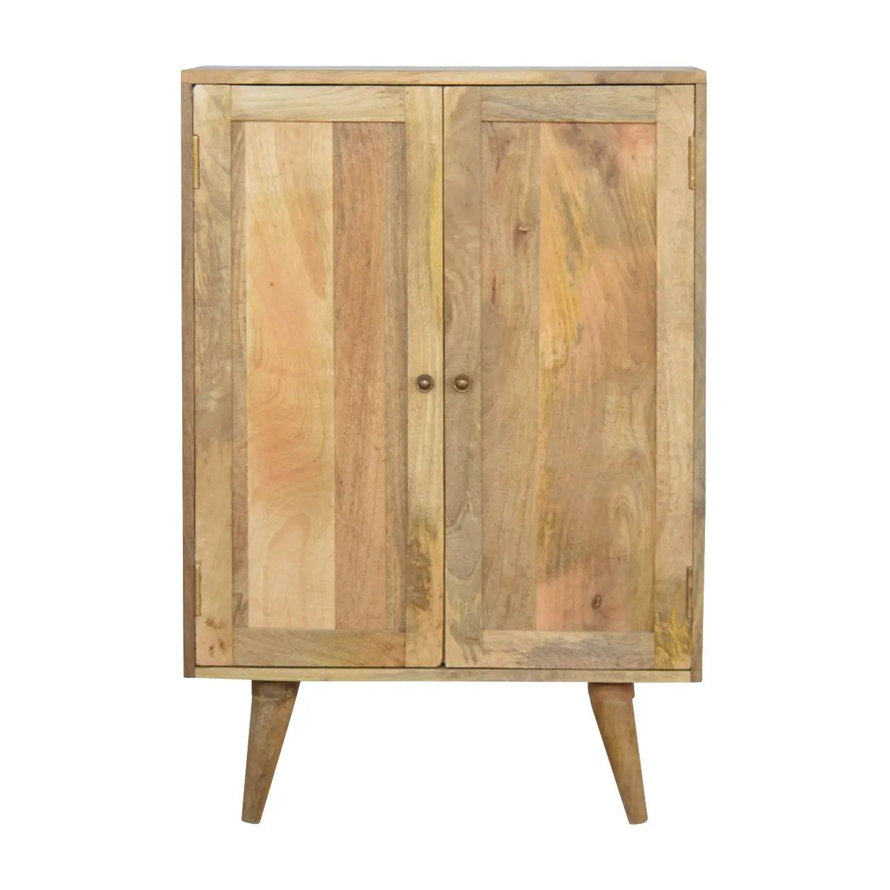 Oak-ish kitchen storage cabinet crafted from solid mango wood with Scandinavian legs
