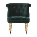 Emerald velvet accent chair crafted from solid mango wood with oak finish legs