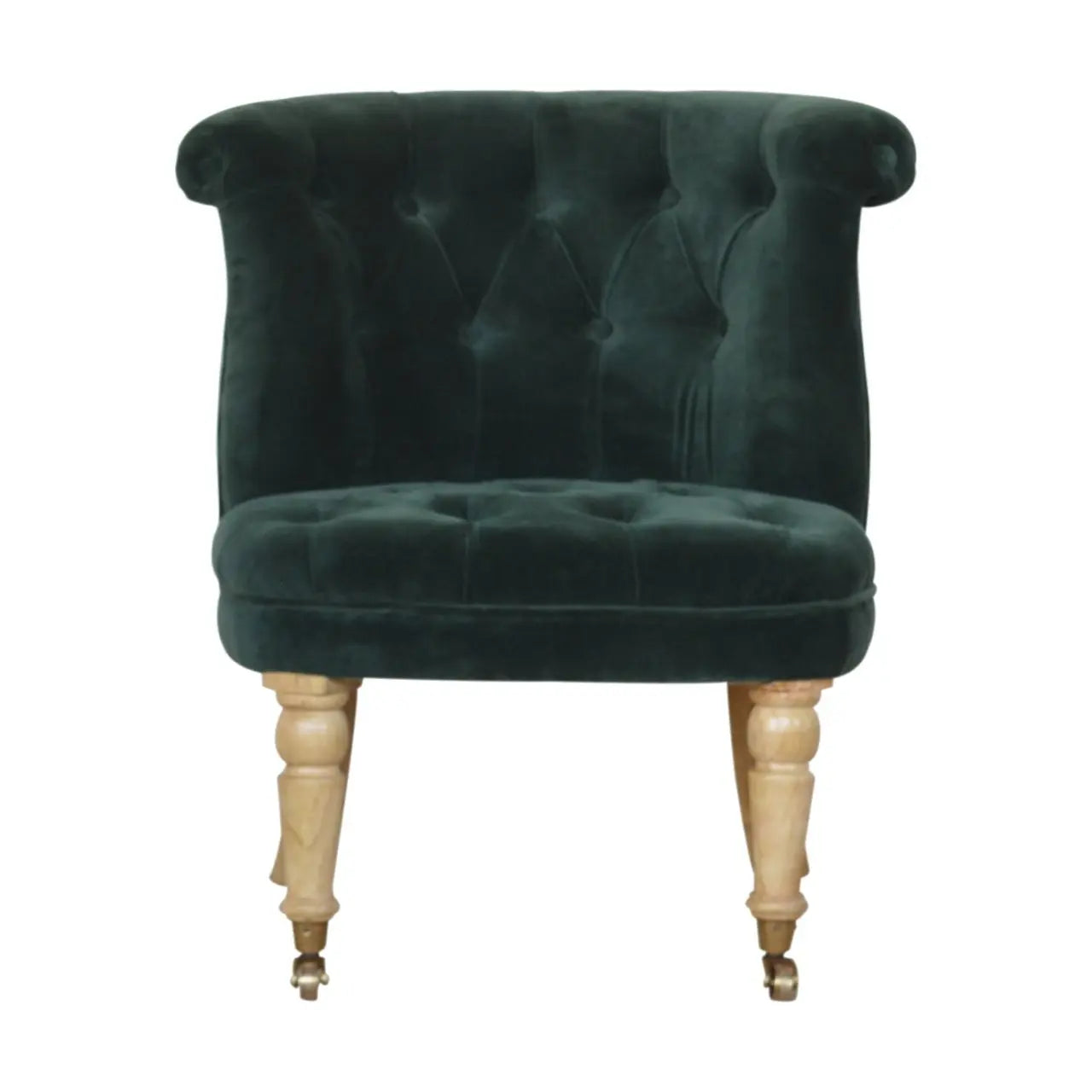 Emerald velvet accent chair crafted from solid mango wood with oak finish legs