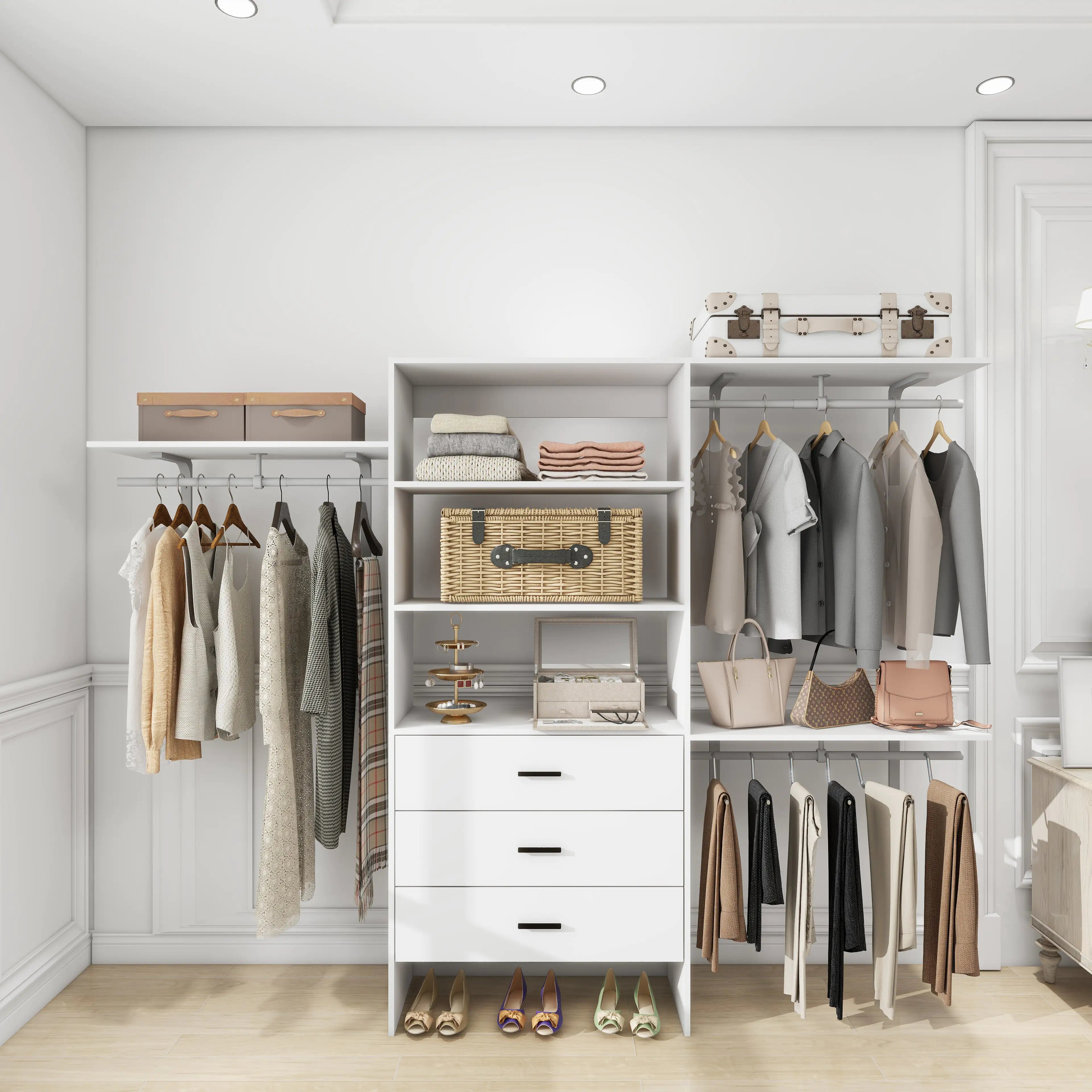 Modern open wardrobe closet system with drawers and hanging rods – minimalist design