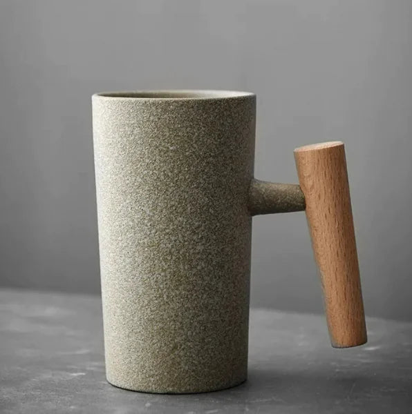 Vintage Minimalist Ceramic Mug with Wooden Handle