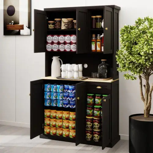 Black Kitchen Pantry Cabinet with Microwave Countertop